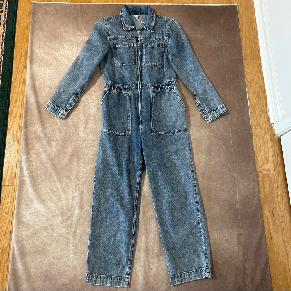 &Denim 100% Cotton Blue Jean Jumpsuit Zip Up Excellent Western Utility Americana